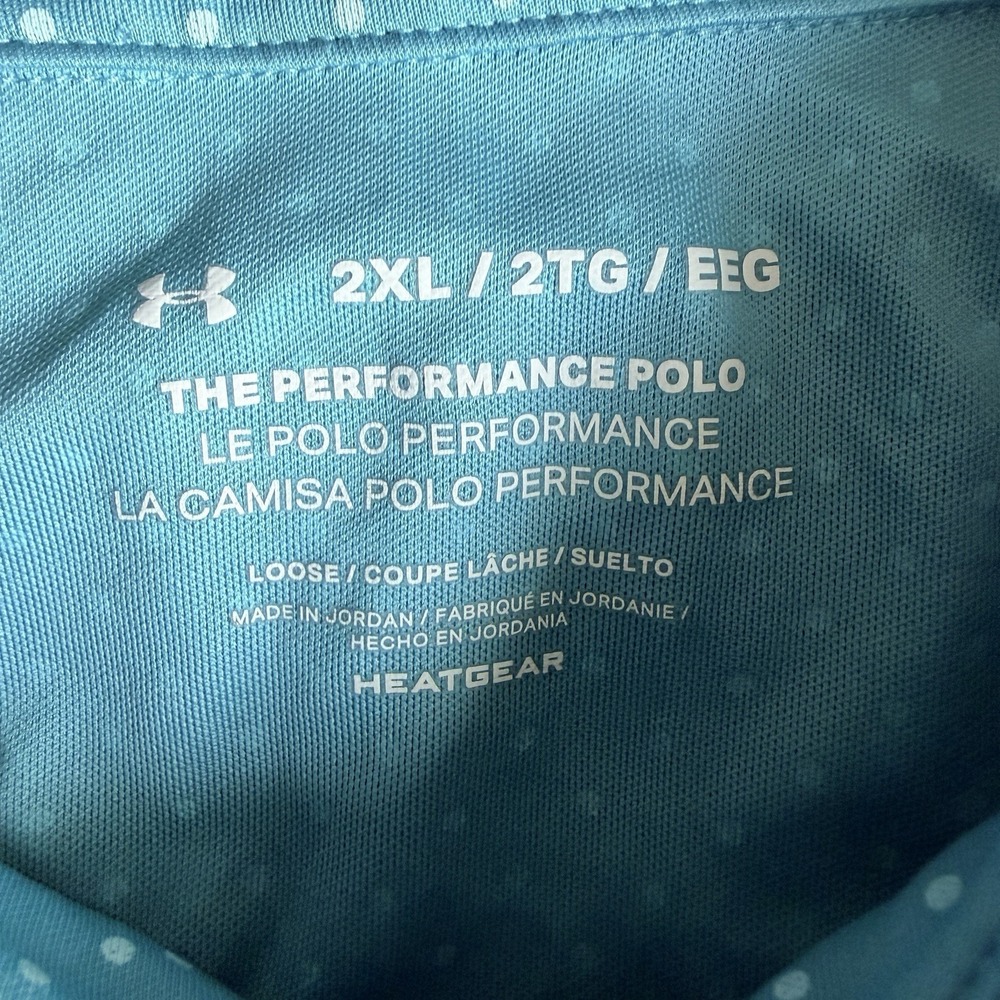 Mens Under Armour Performance Polo Shirt Polka Dot Blue Size 2XL Heat Gear Golf - Picture 2 of 7